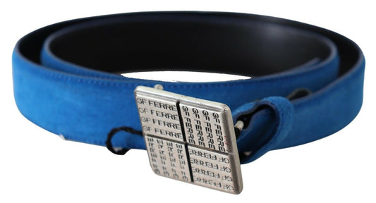 Blauer Ledergürtel mit quadratischer Logo-Schnalle